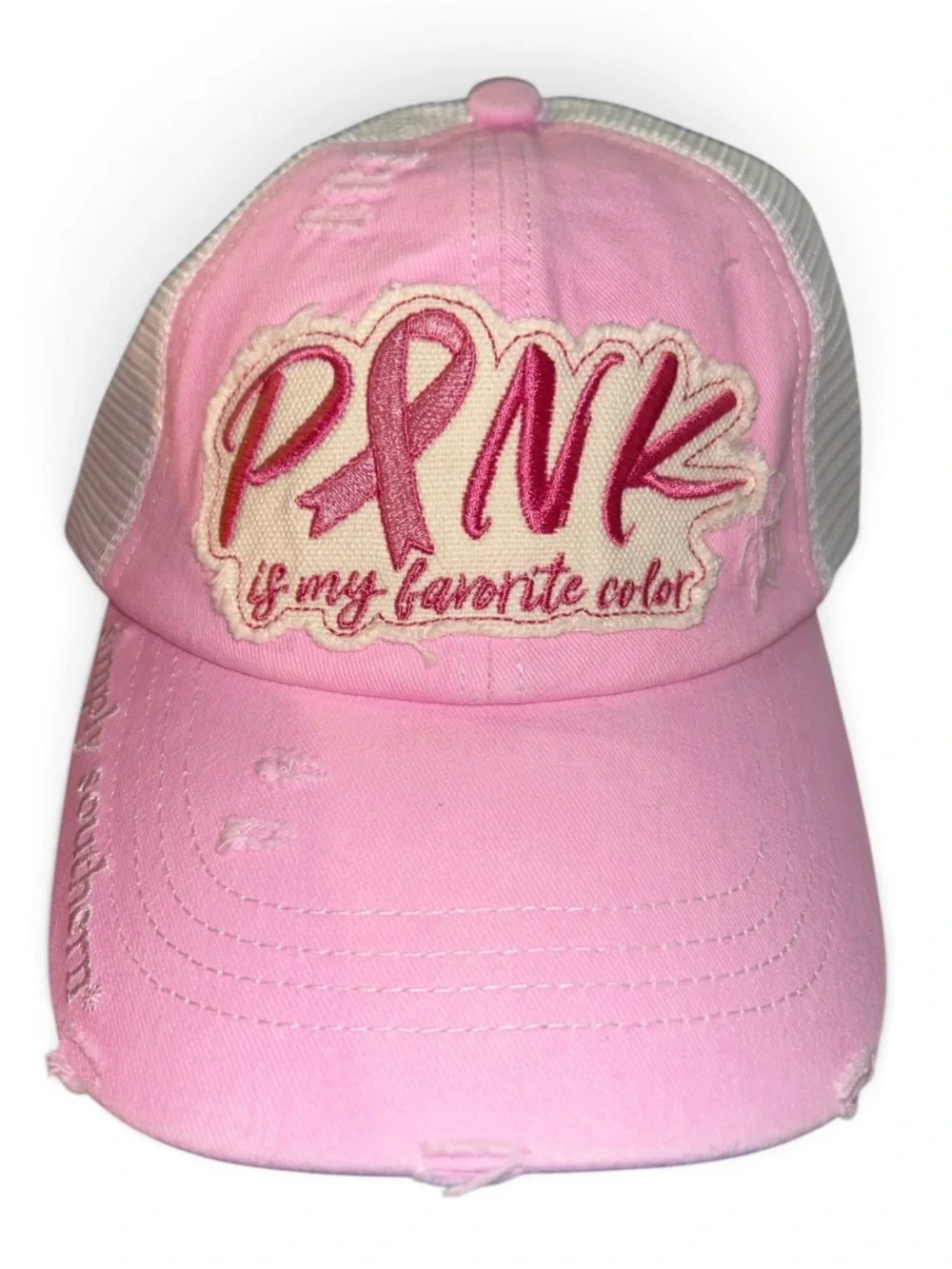 NEW Simply Southern Pink Ribbon Distressed Trucker Cap - Light Pink & White